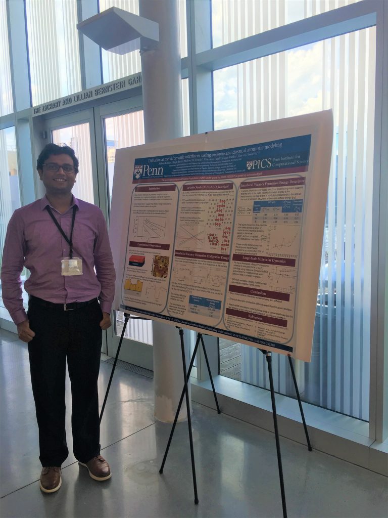 Aakash Kumar, Post Doctoral Researcher
Diffusion at metal/ceramic interfaces using ab-initio and classical atomistic modeling